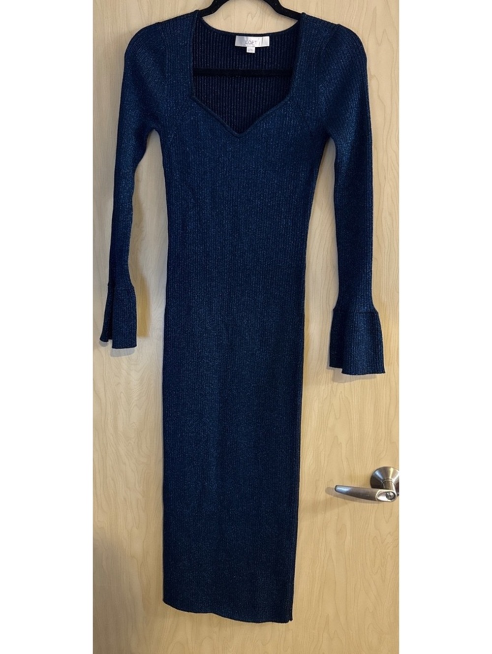 Loft midi ribbed metallic blue sweater dress longsleeve body on size XS